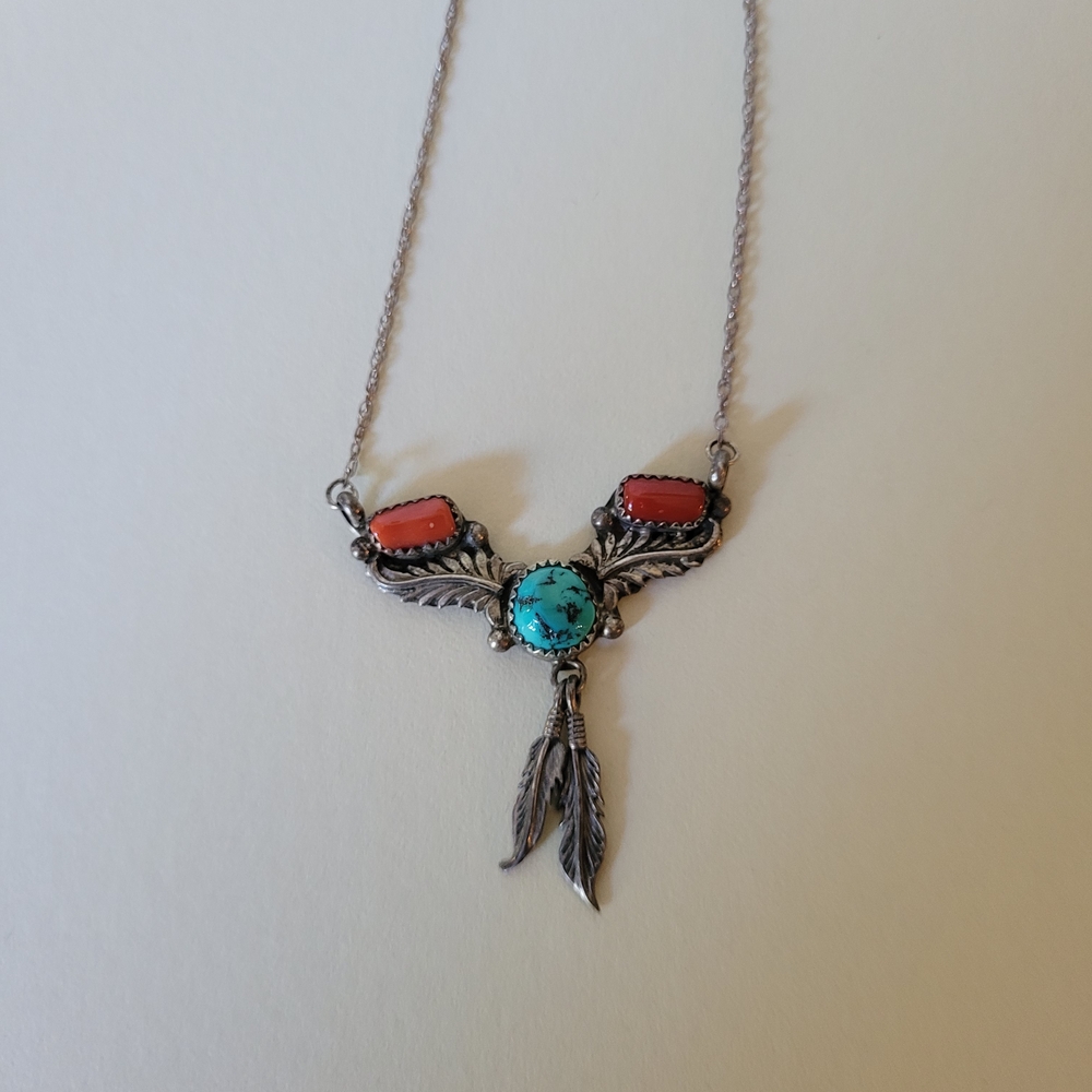 Silver and Turquoise Feather Pendant Necklace